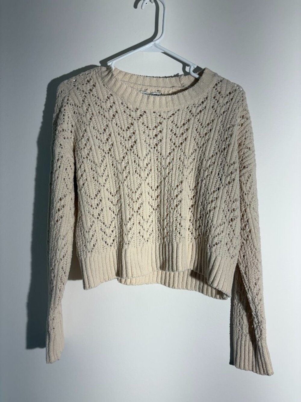 NWT American Eagle Chenille Cropped Pointelle Sweater Cream- Size XS